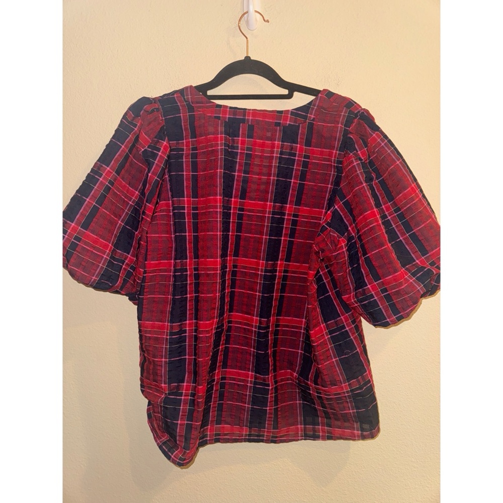 LOFT Plaid‎ Ballon Sleeve V Neck Top Size Medium NWT - Picture 3 of 5
